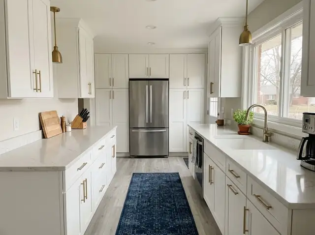 Updated white shaker kitchen with brass pulls and light countertops (illustration)